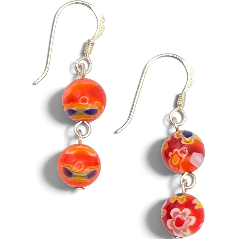 Sterling Silver 925 Millefiori Glass Floral Bead Dangle Drop Earrings Red Orange